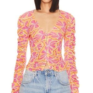 Free People Floral Through The Meadow Ruched Top - Grapefruit pink and Orange